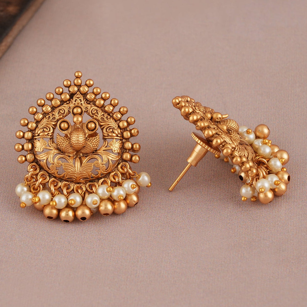 Cute peacock gold pearl drop earring