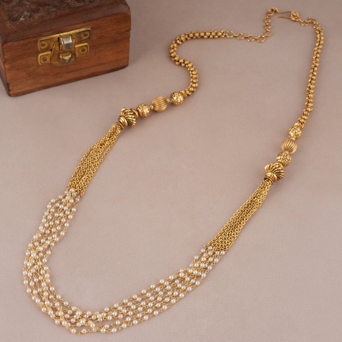 Amazing long pearl drop antique gold mala
