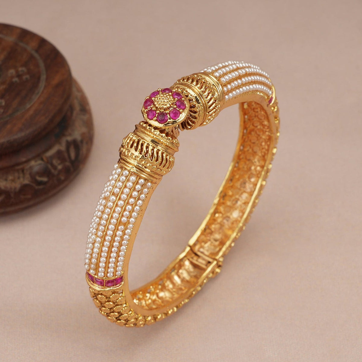 Gorgeous gold plated pearl openable kada