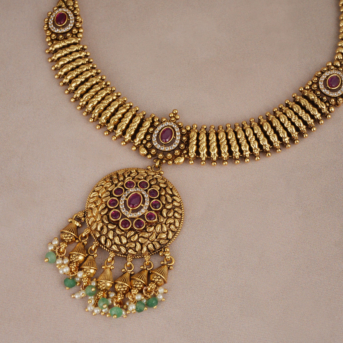 Beautiful antique gold ruby necklace set for women with earring
