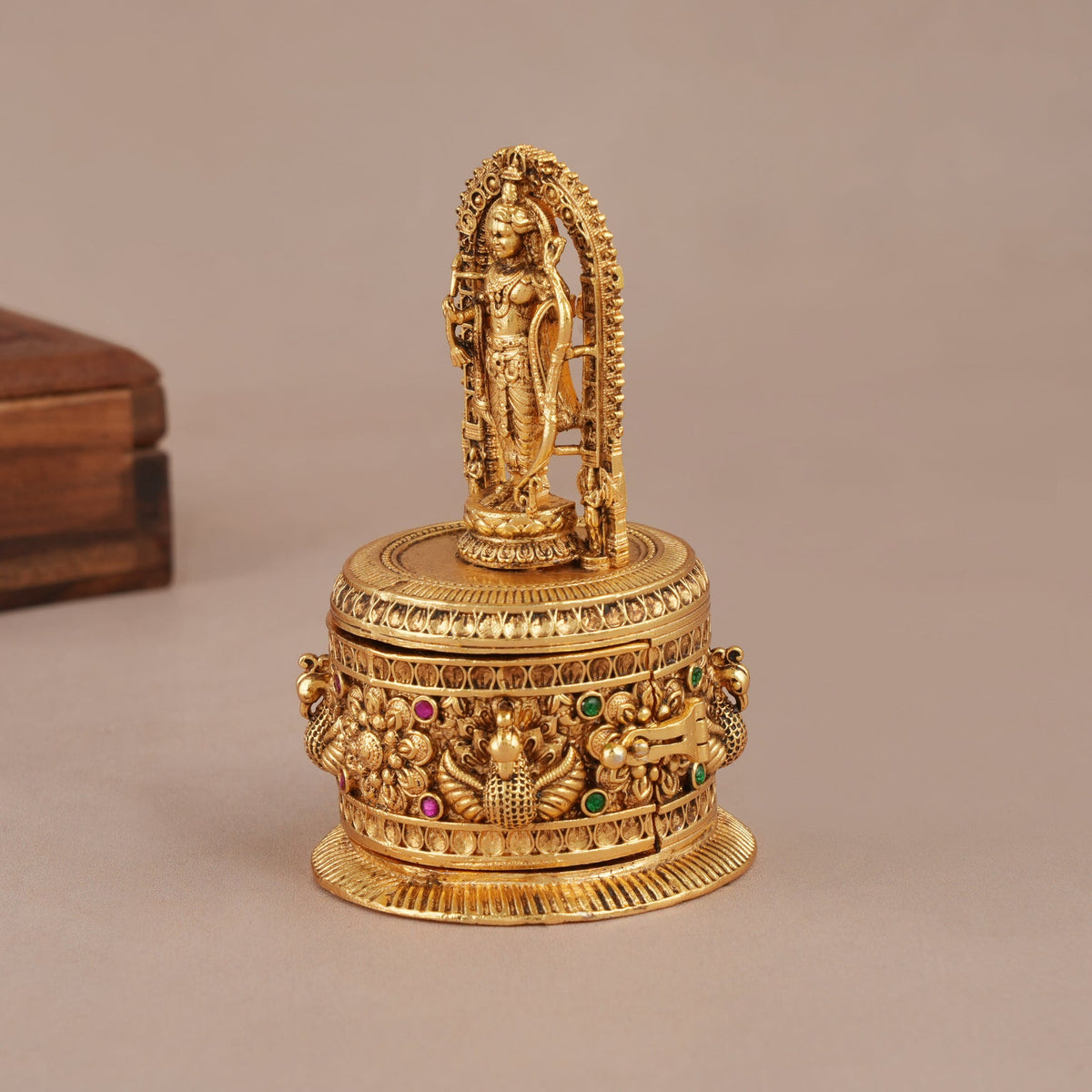 Auspicious antique gold Lord Ram roli box | Temple jewellery