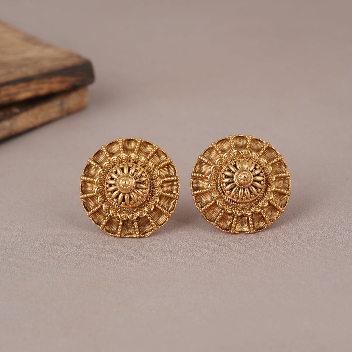 Round antique gold floral stud earring