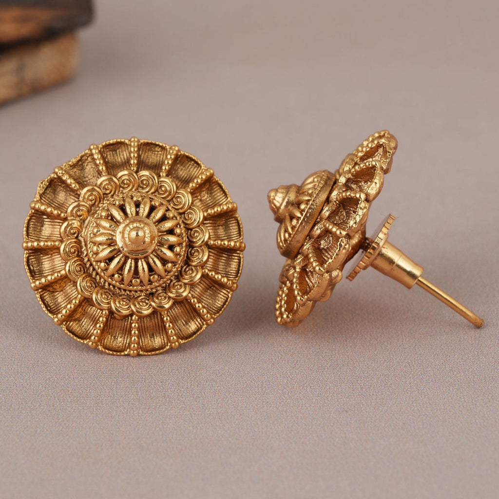 Round antique gold floral stud earring