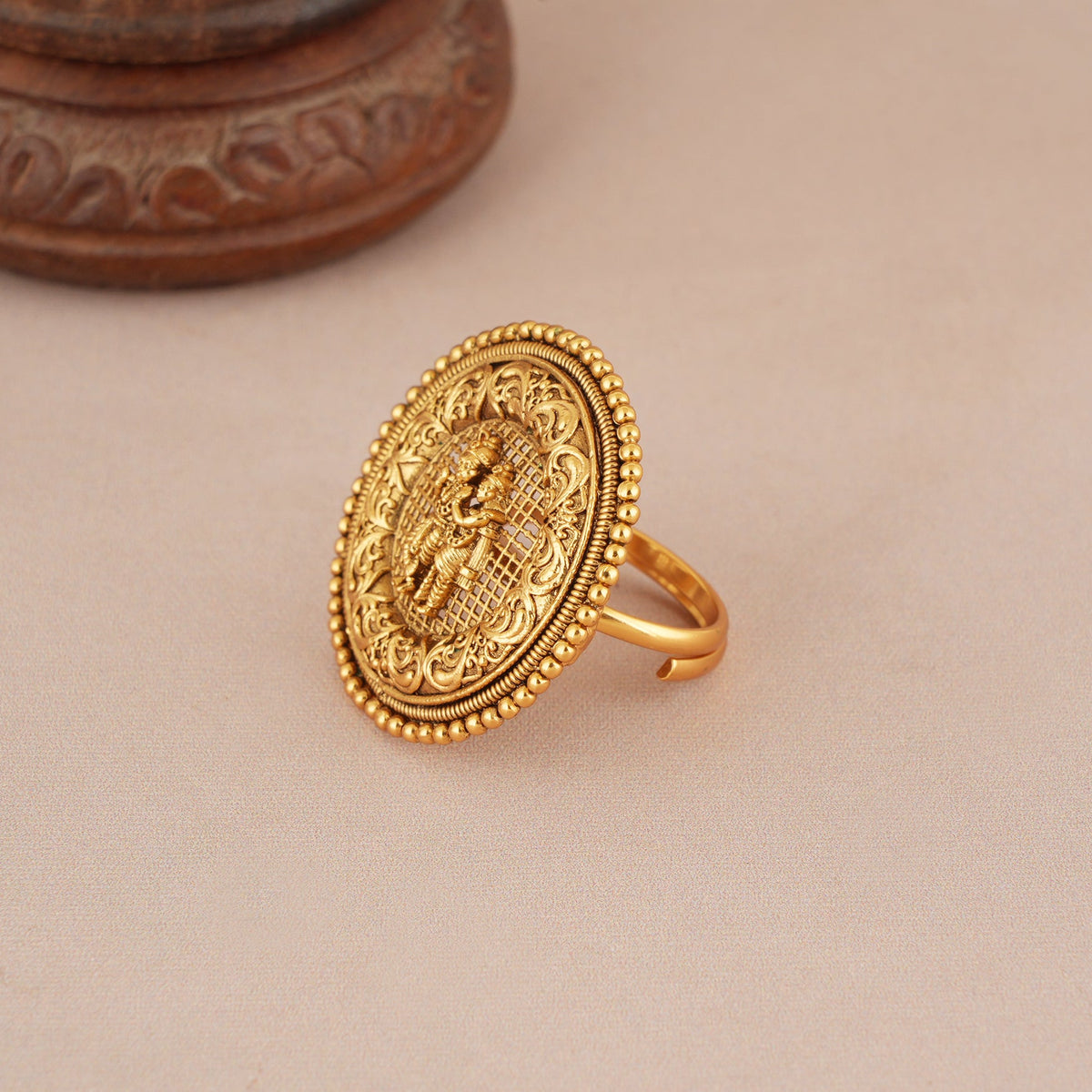Cute antique gold plated radha krishna adjustable finger ring