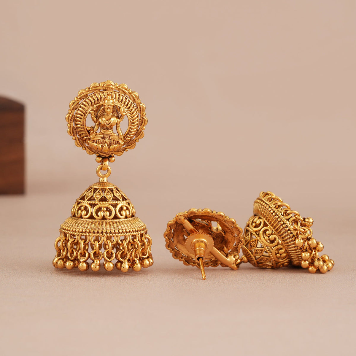 Long antique gold plain ma lakshmi jhumka earring I Temple Jewellery