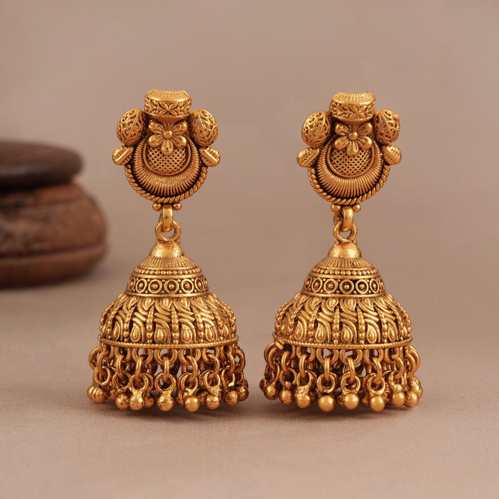 Stunning intricate antique gold plain necklace set with jhumka earring