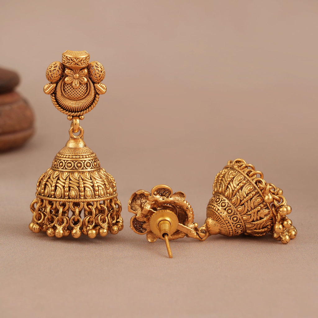 Stunning intricate antique gold plain necklace set with jhumka earring