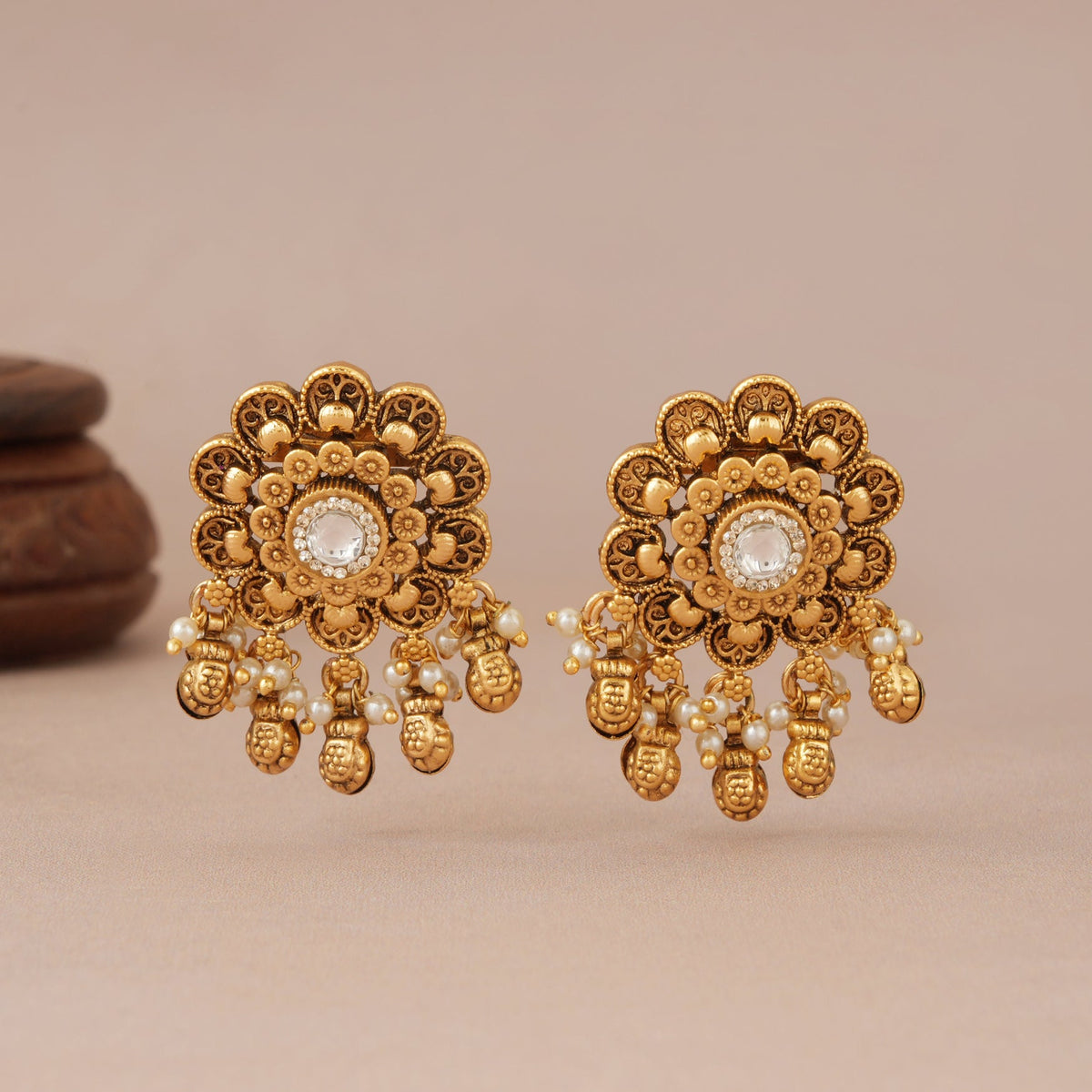 Stunning floral kundan antique gold ball drop earring