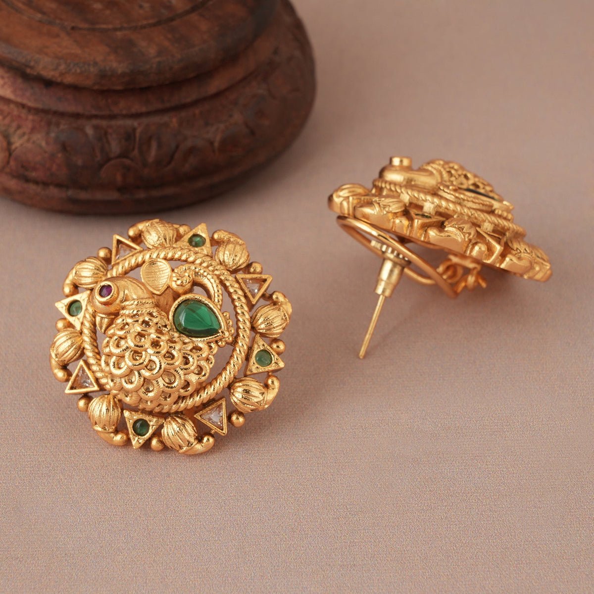 Beautiful stone antique gold peacock stud earring