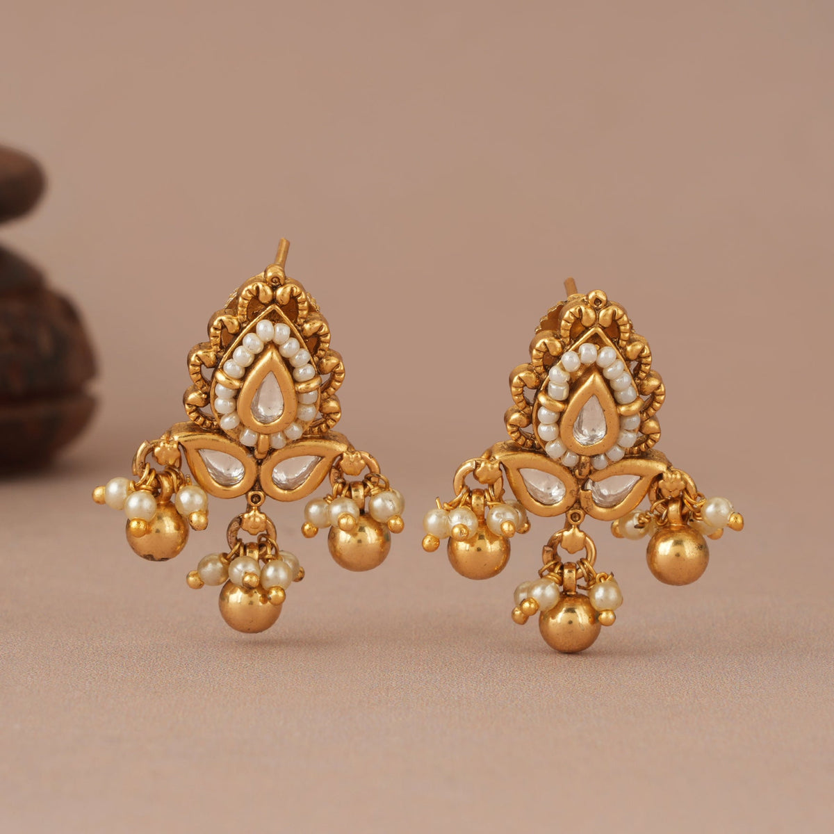 Traditional kundan pearl antique drop earring