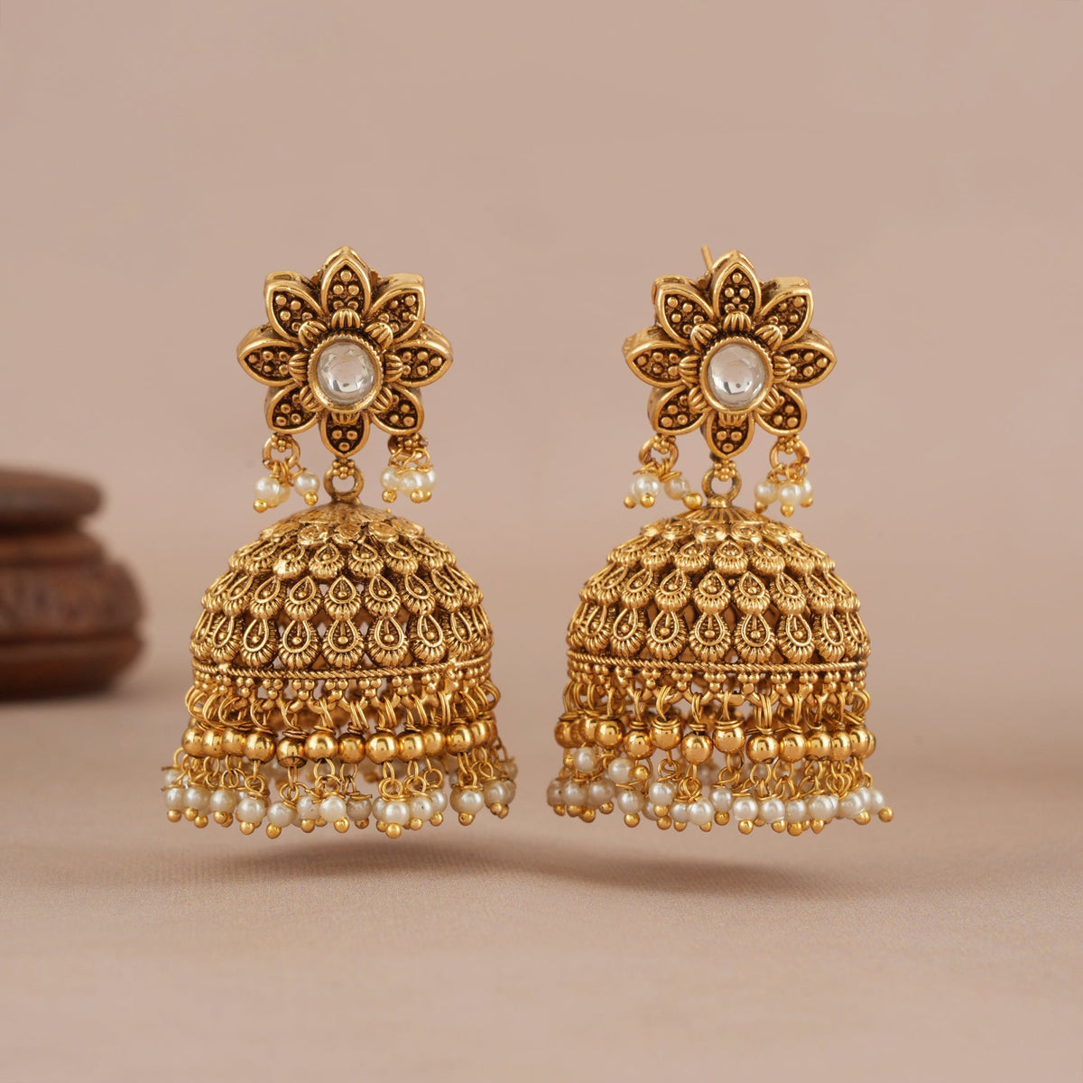Stunning antique gold kundan pearl drop jhumka earring