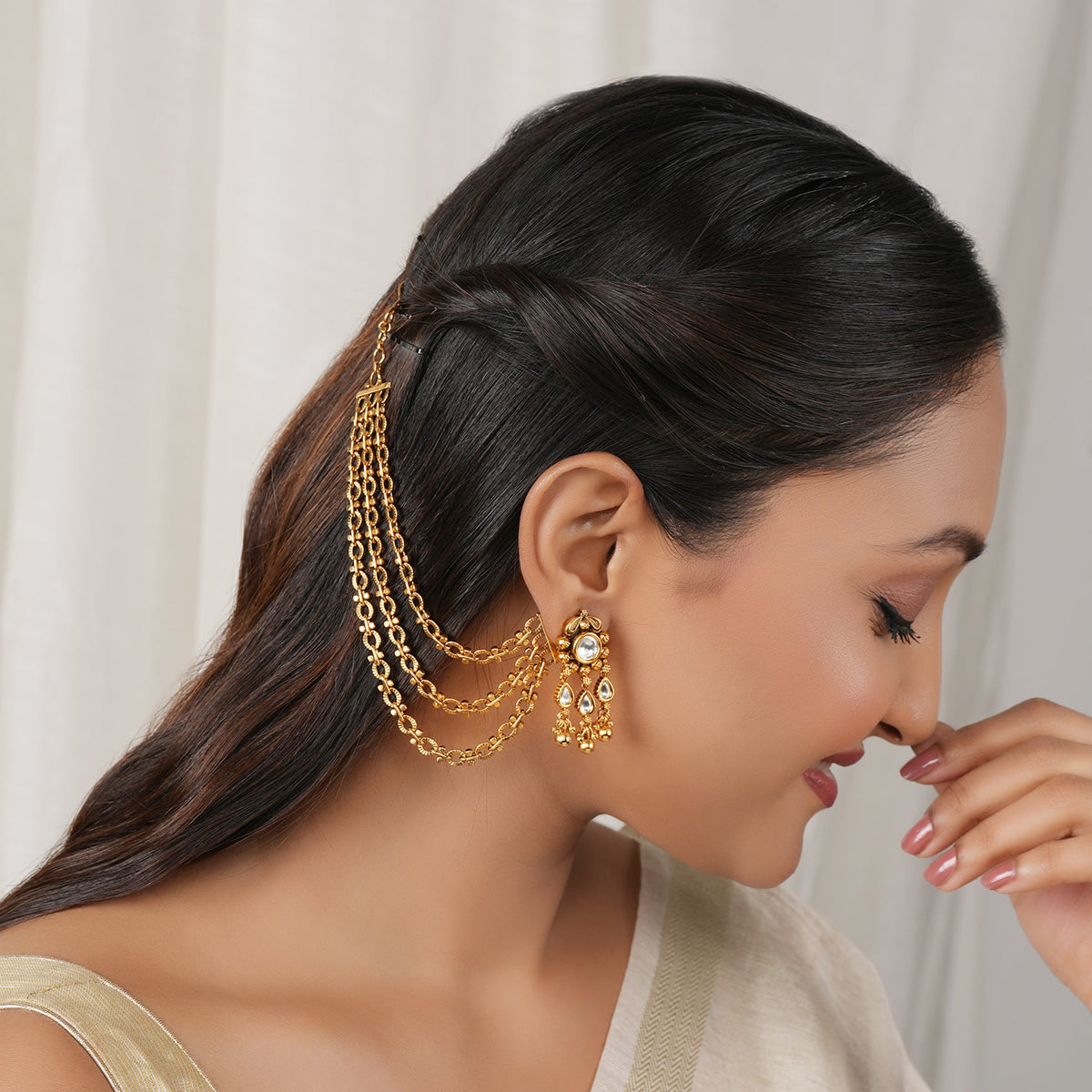 Elegant plain antique gold three layer ear chain