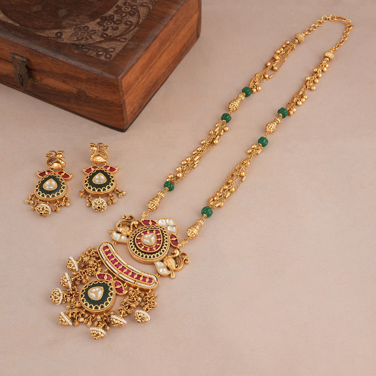 Long rajwadi multicolor stone antique gold necklace set