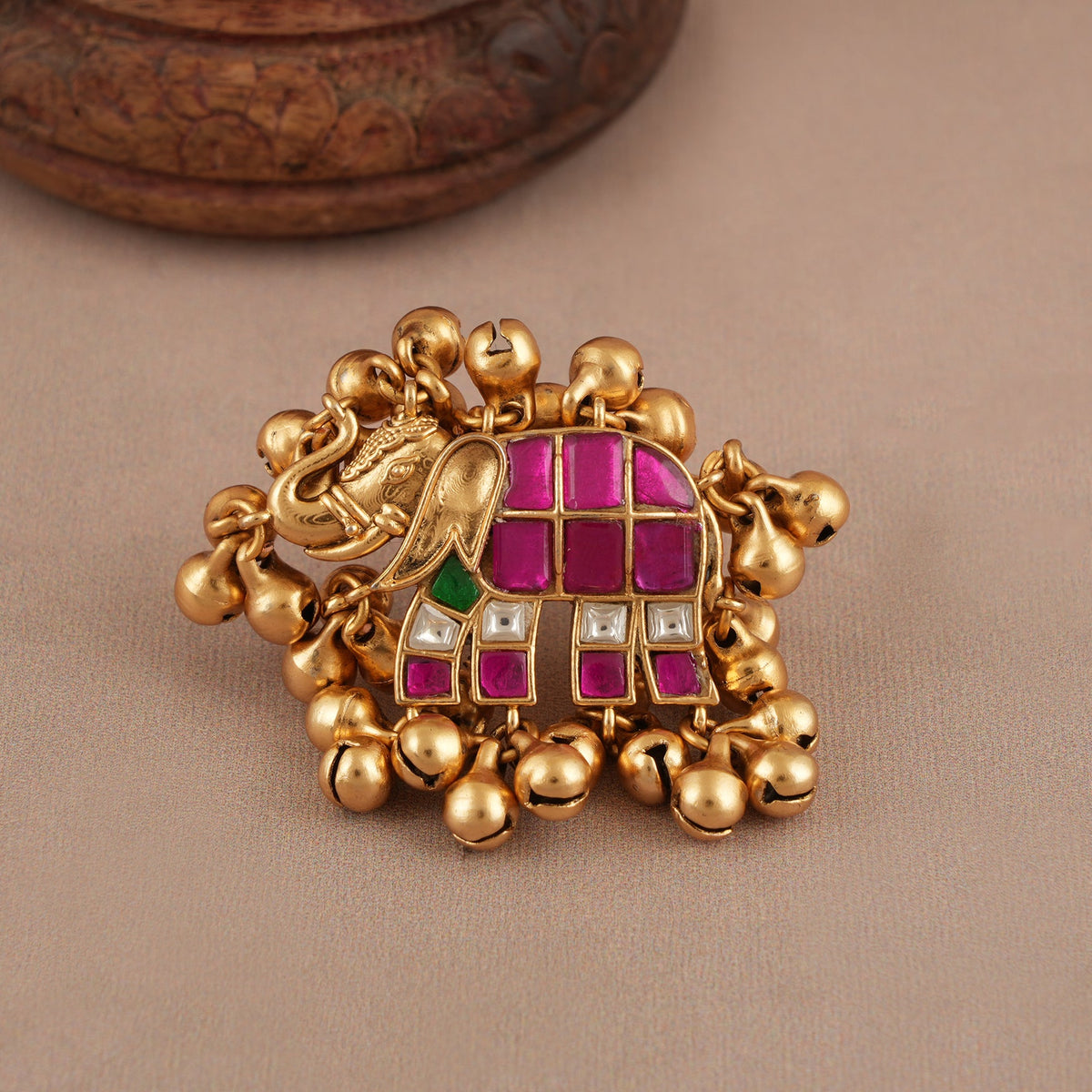 Stunning multicolor kundan antqiue gold elephant finger ring