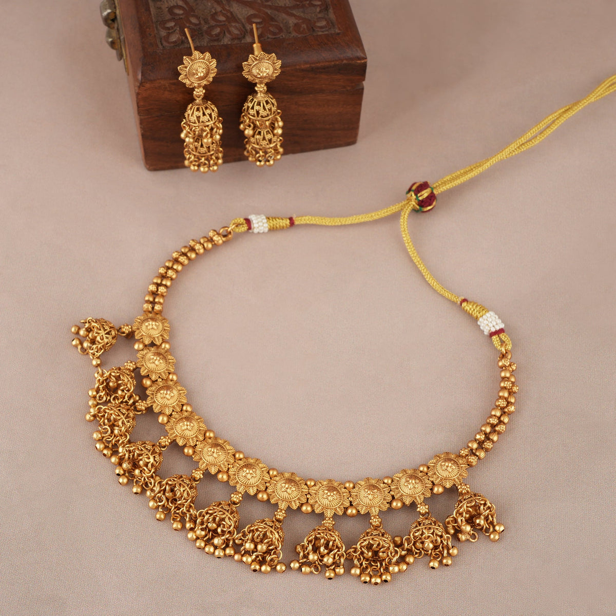 Stunning antique gold plain jhumka necklace set