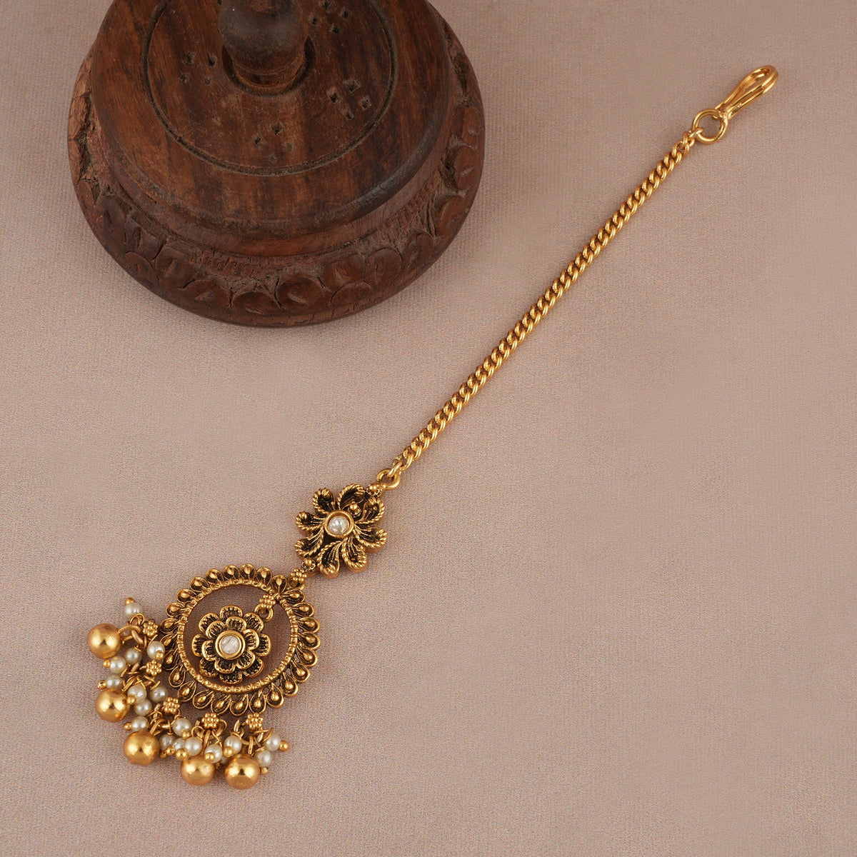 Elegant antique gold pearl maangtika