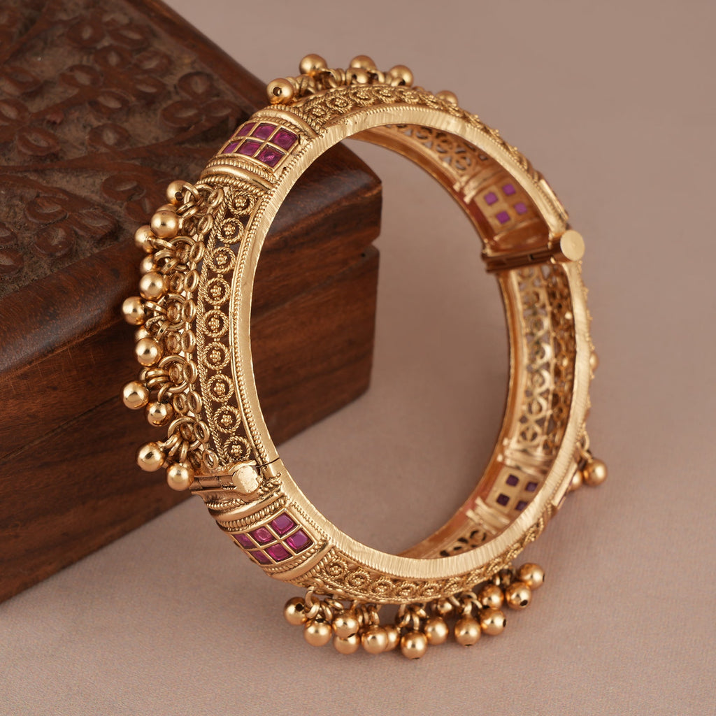Broad antique gold ruby stone kada bangle
