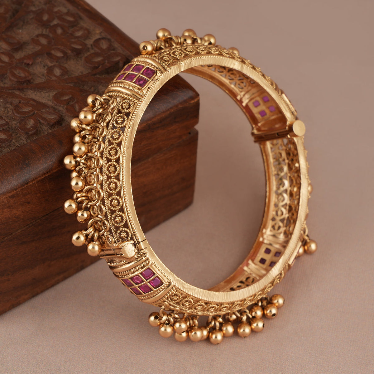 Broad antique gold ruby stone kada bangle