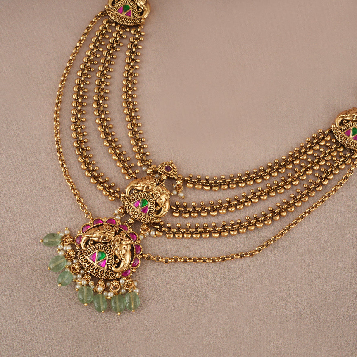 Beautiful long stone antique gold elephant layer neckalce set