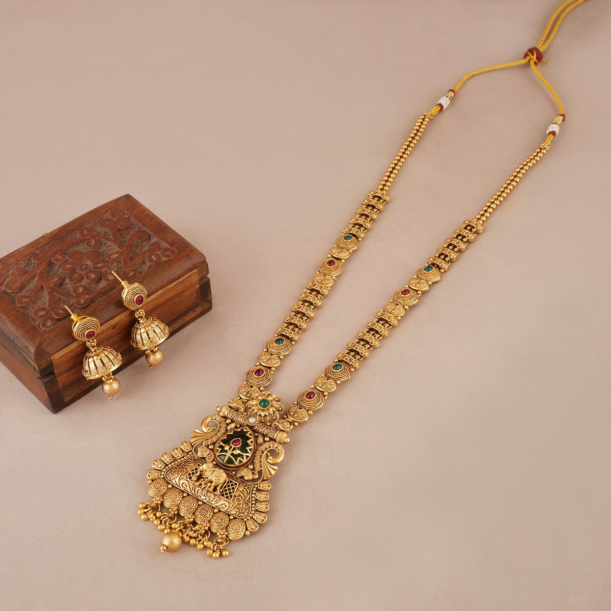 Long antique gold stone necklace set