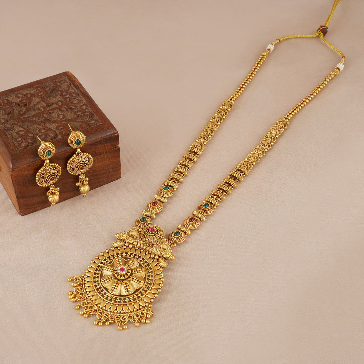 Long antique gold multicolor stone necklace set