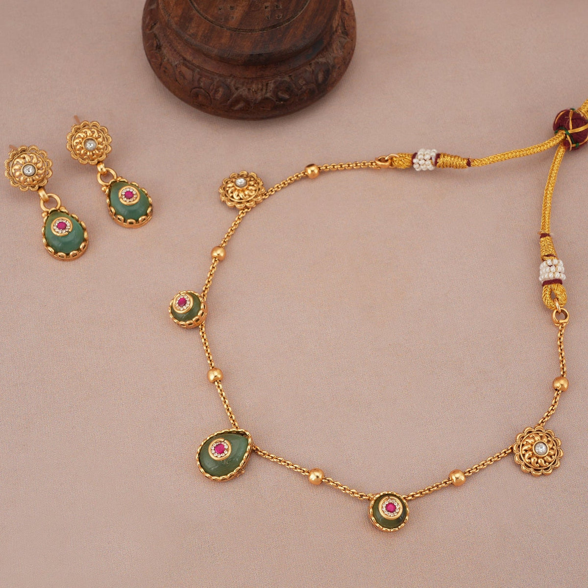 Gold plated nazakat panna drop necklace set