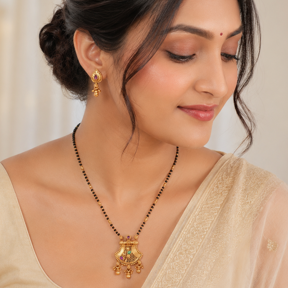 Stunning long antique gold stone mangalsutra set