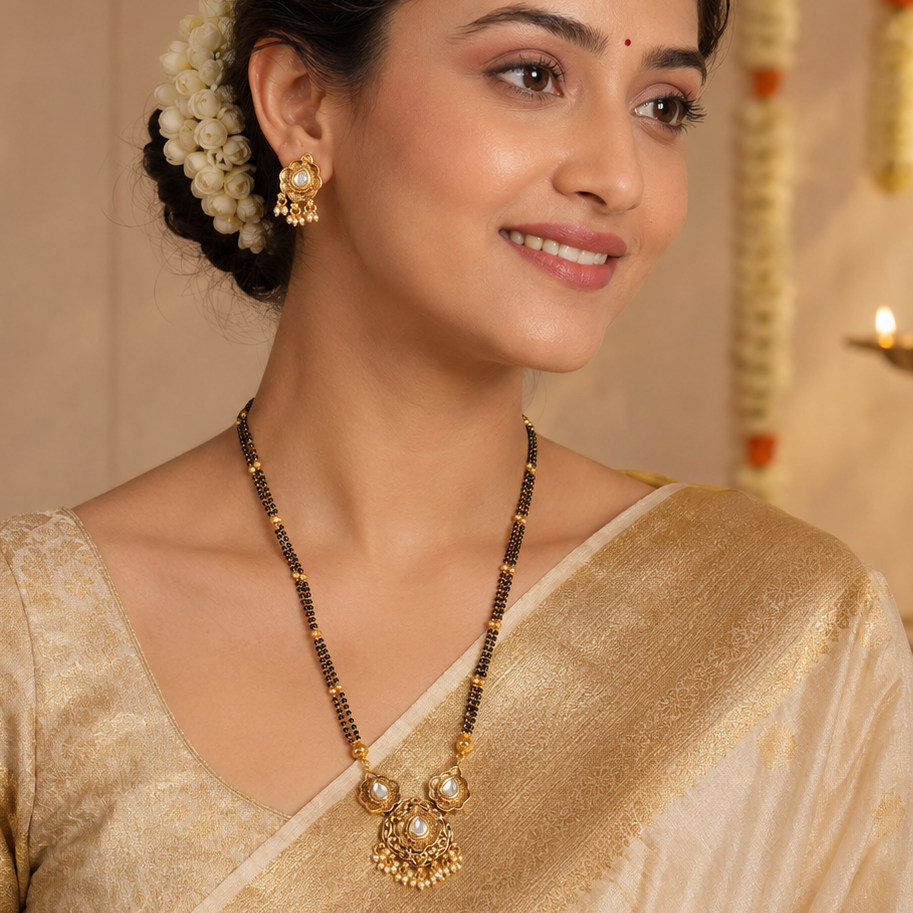 Long antique gold kundan mangalstura set