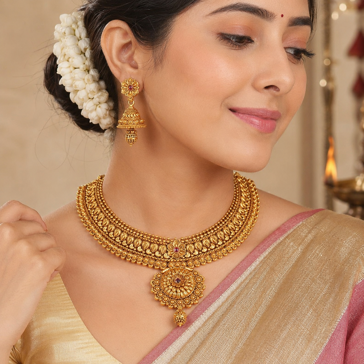 Amazing plain antique plated floral necklace set