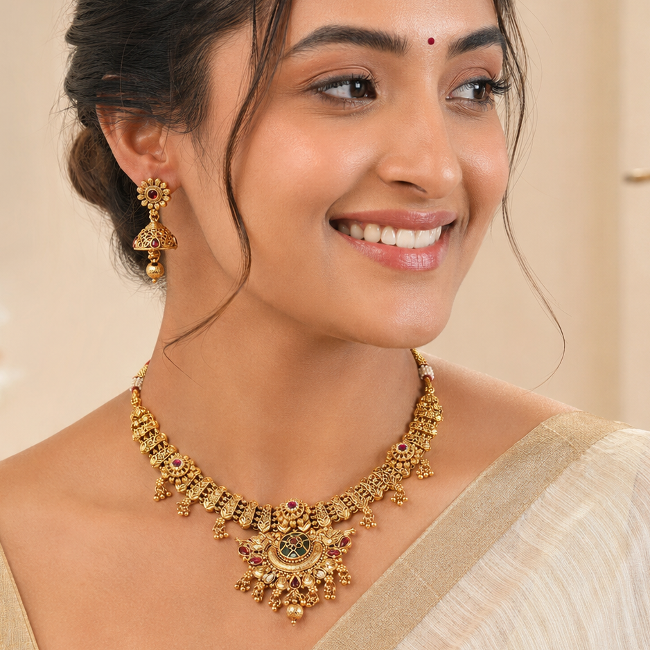 Stunning antique gold heritage peacock necklace set