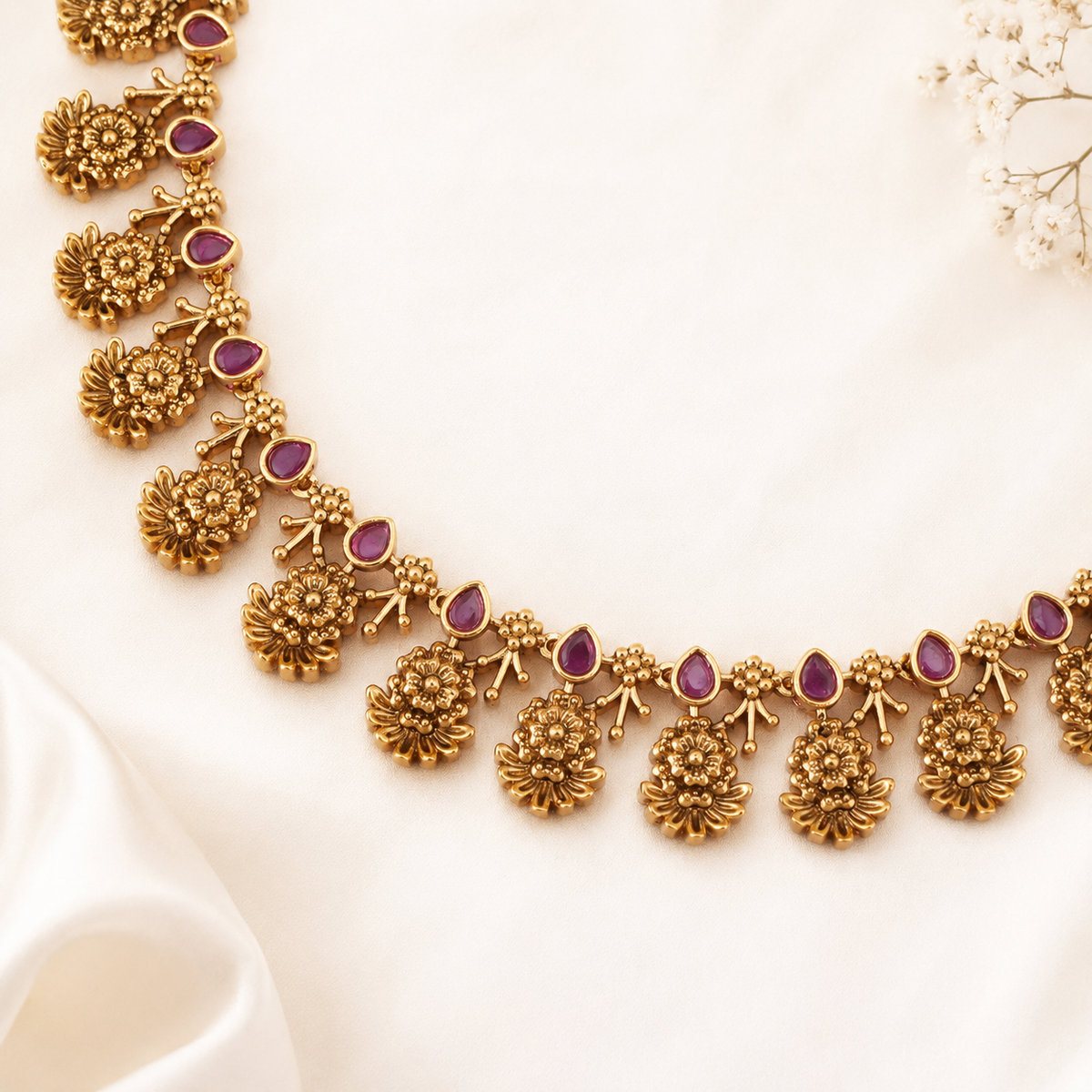 Stunning antique gold ruby floral necklace set