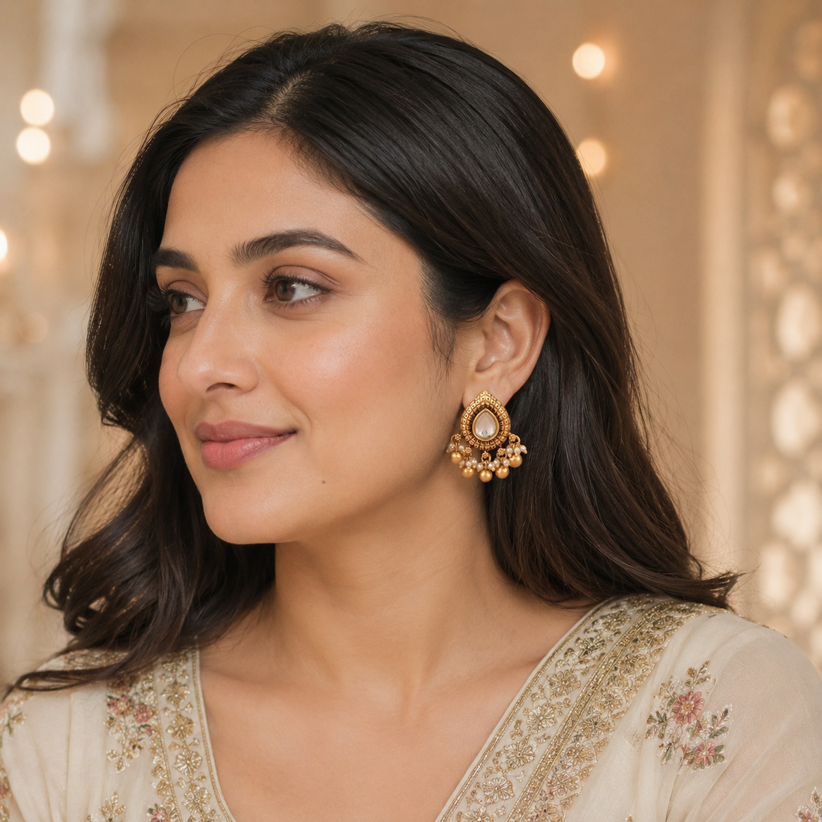 Stunning ball drop kundan antique gold earring