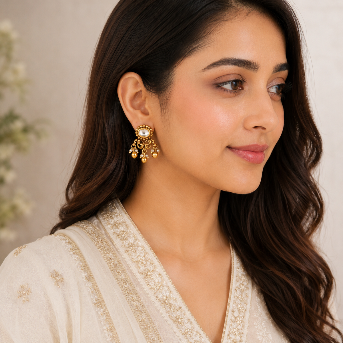 Pearl drop kundan antique gold earring