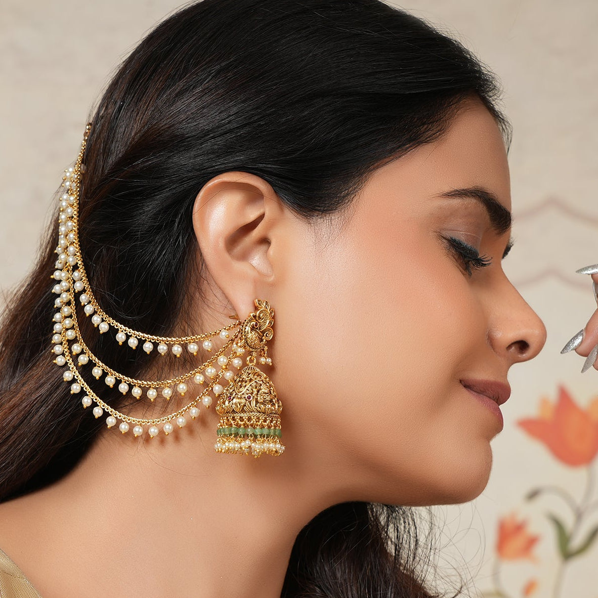 Beautiful gold plated pearl line ear chain