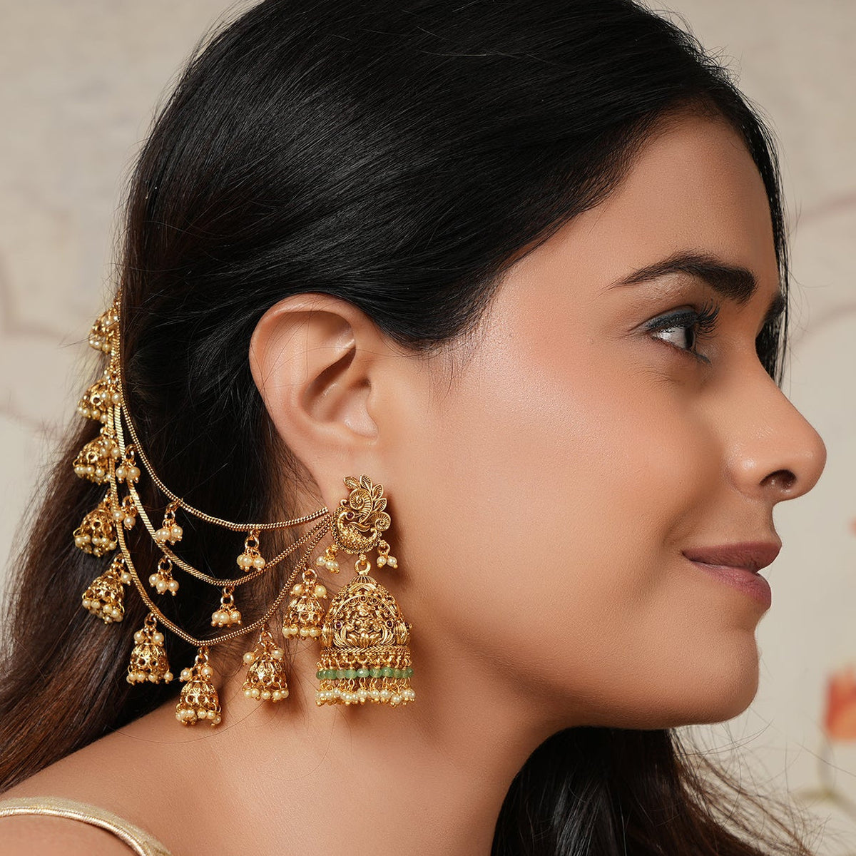 Stunning antique gold jhumka ear chain with pearl