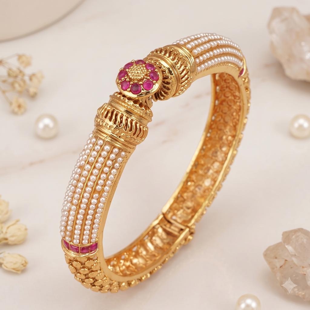 Gorgeous gold plated pearl openable kada