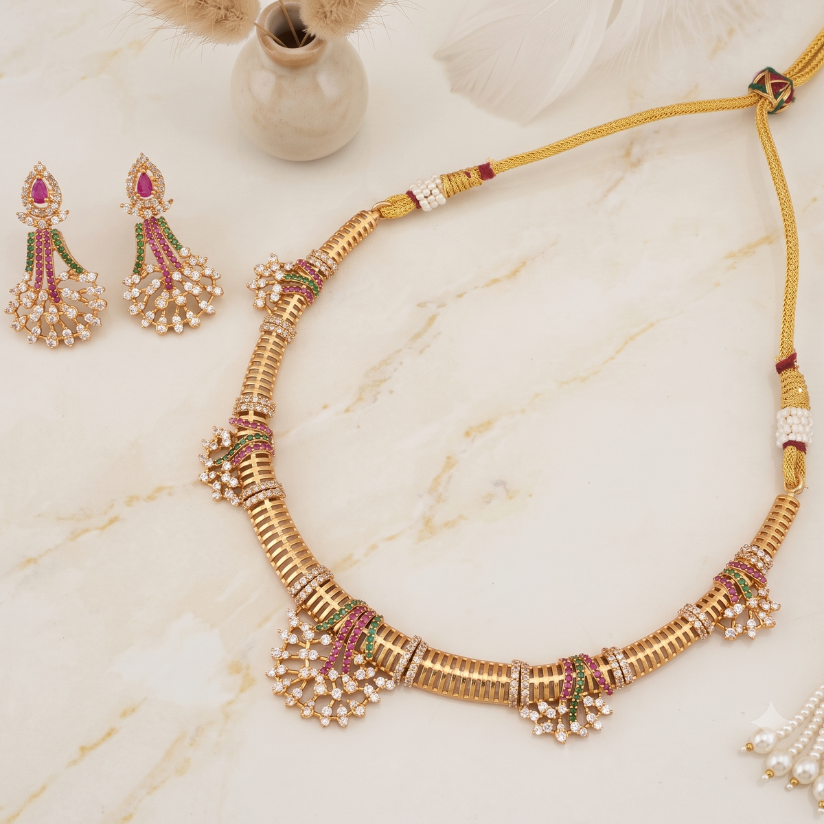 Stunning diamond multicolor gold necklace set