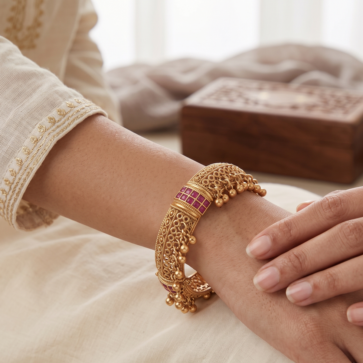 Broad antique gold ruby stone kada bangle