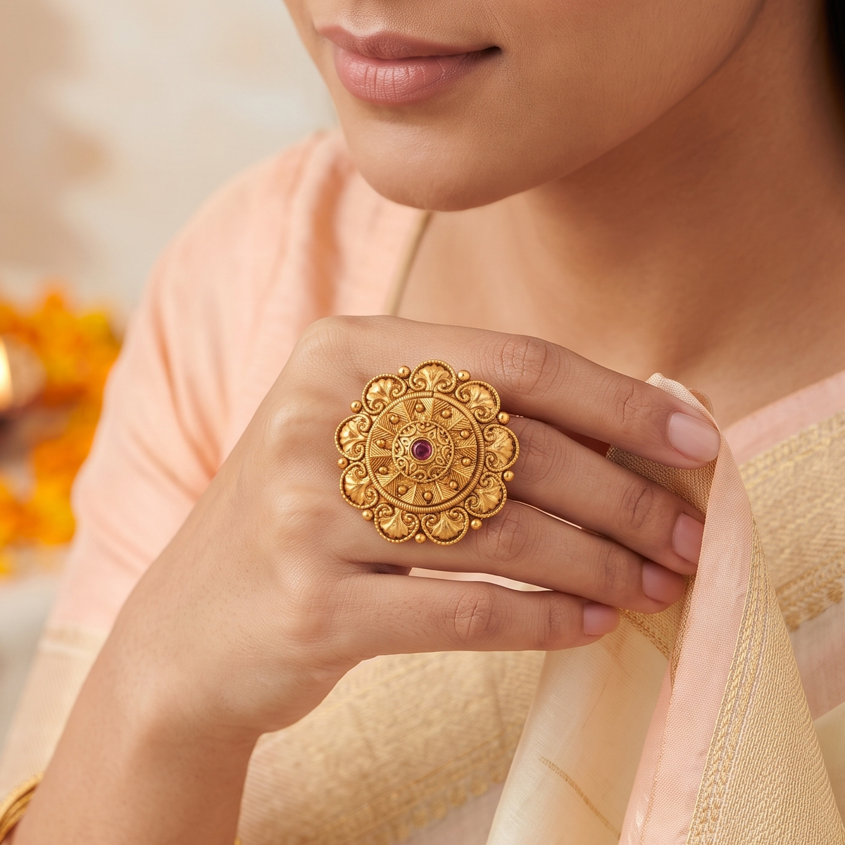 Stunning cocktail antique gold adjustable finger ring for women