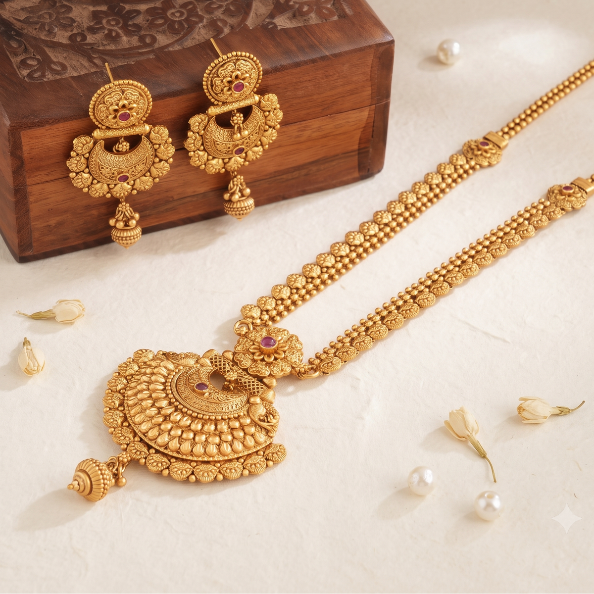 Long plain antique gold necklace set with earring
