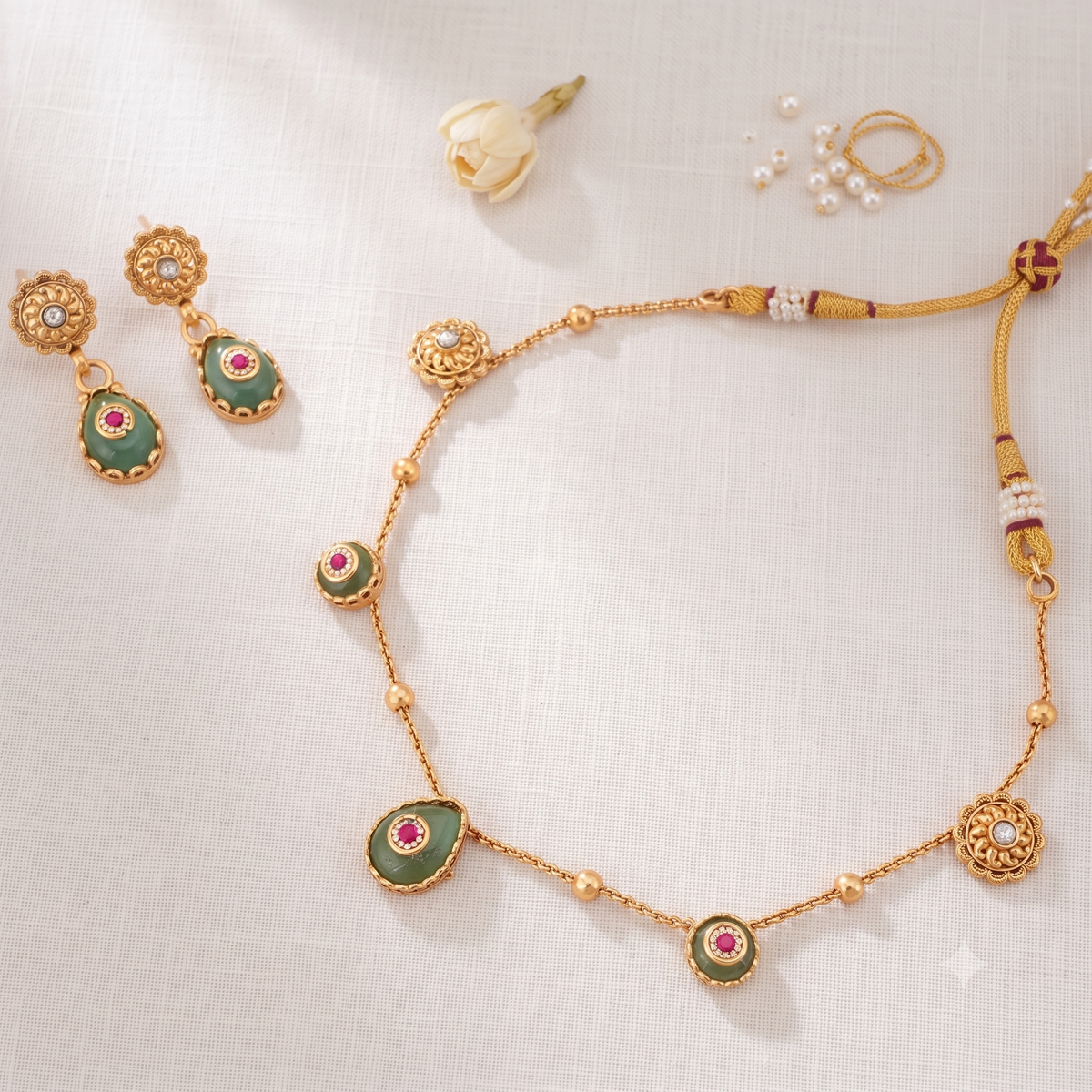 Gold plated nazakat panna drop necklace set