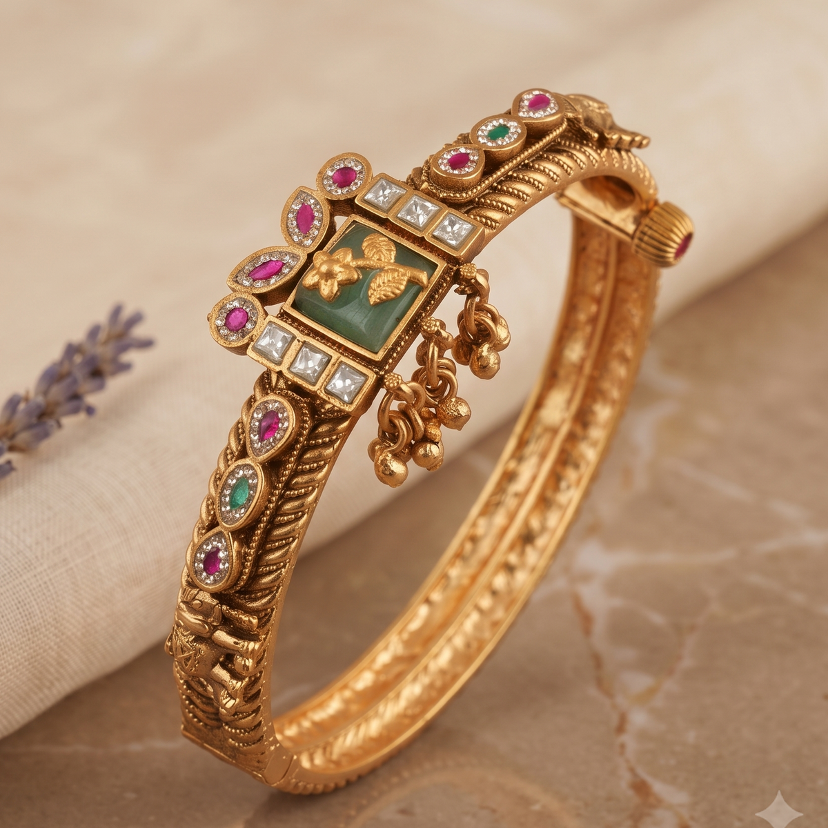 Stunning multicolor stone antique gold kada bangle