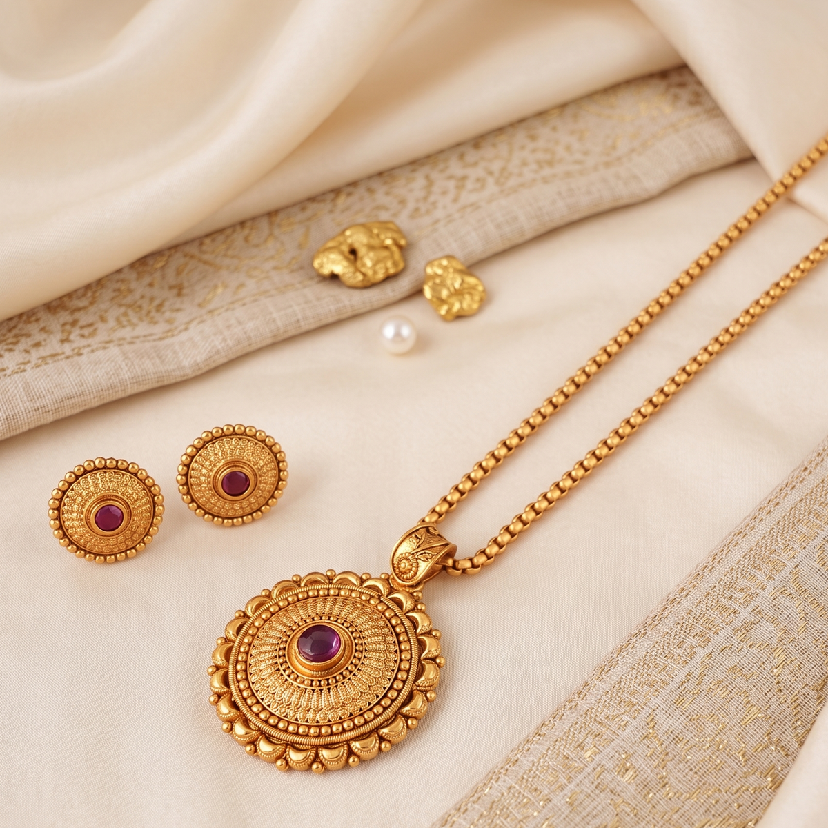 Beautiful traditional antique gold round pendant set