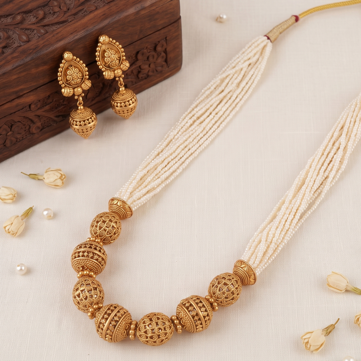 Beautiful antique gold pearl mala necklace set