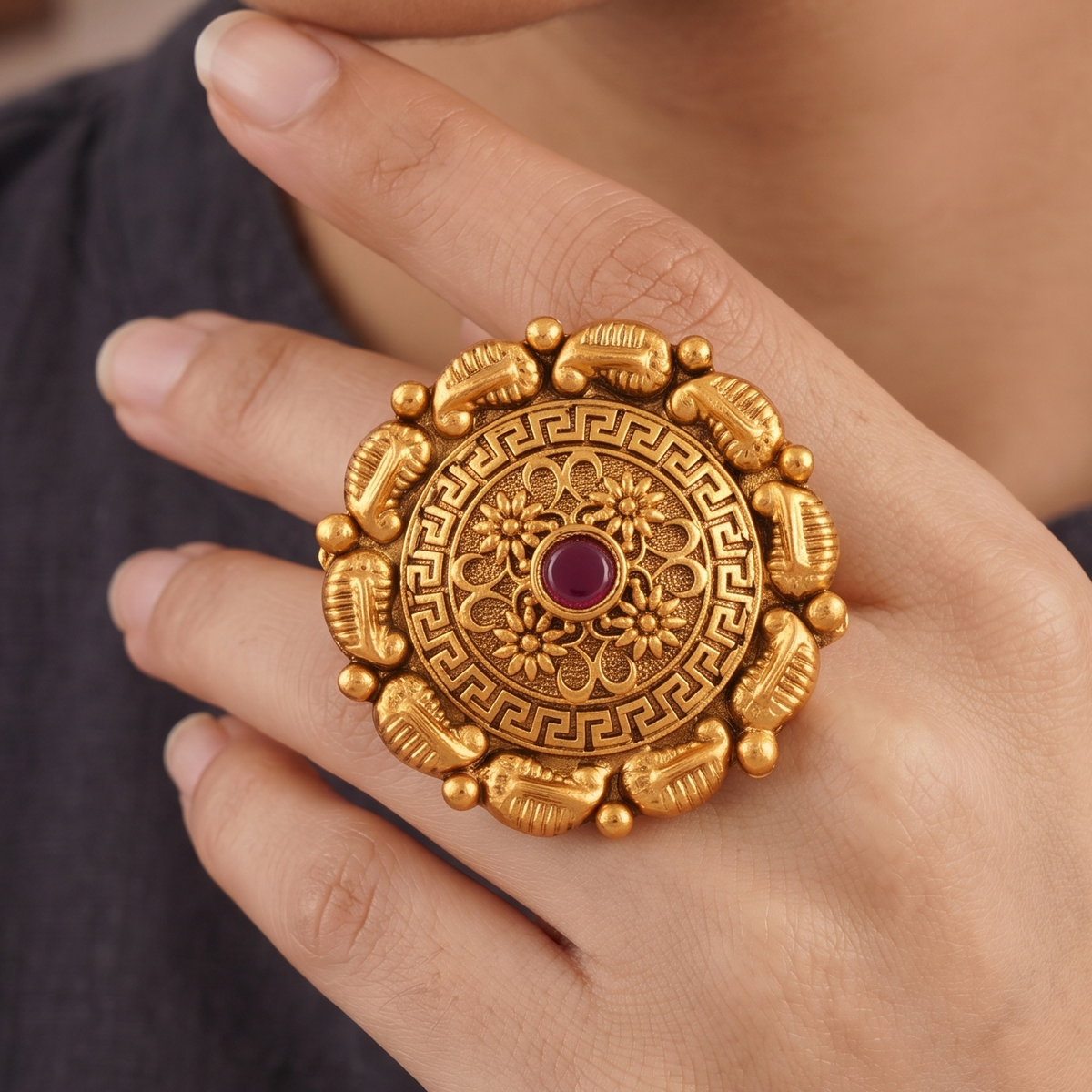 Cute antique gold plated carved finger ring