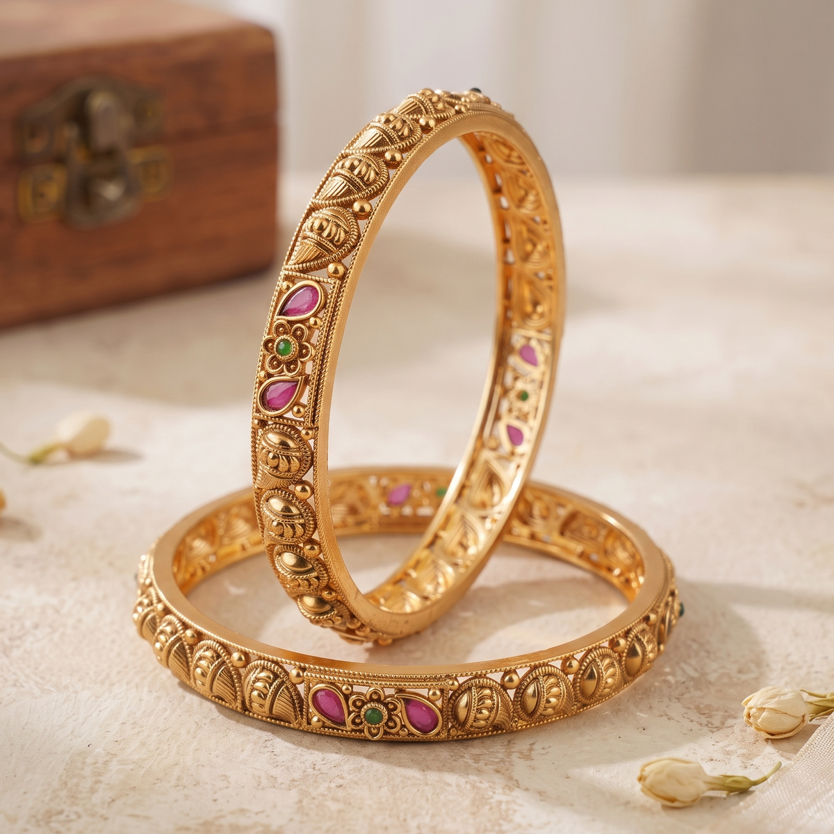 Beautiful paisley antique gold stone bangle set